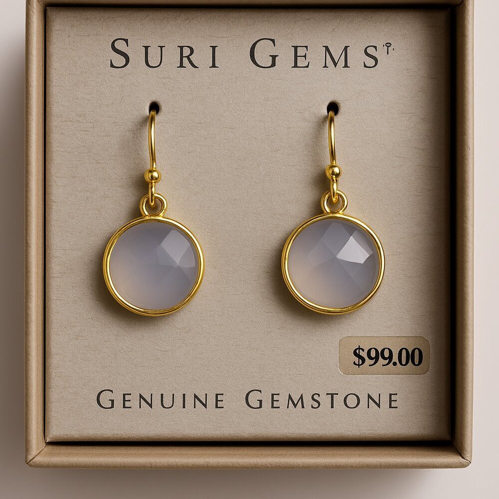 SURI Gems SS 18K Yellow Gold Plate Chalcedony Dangle Earrings‎